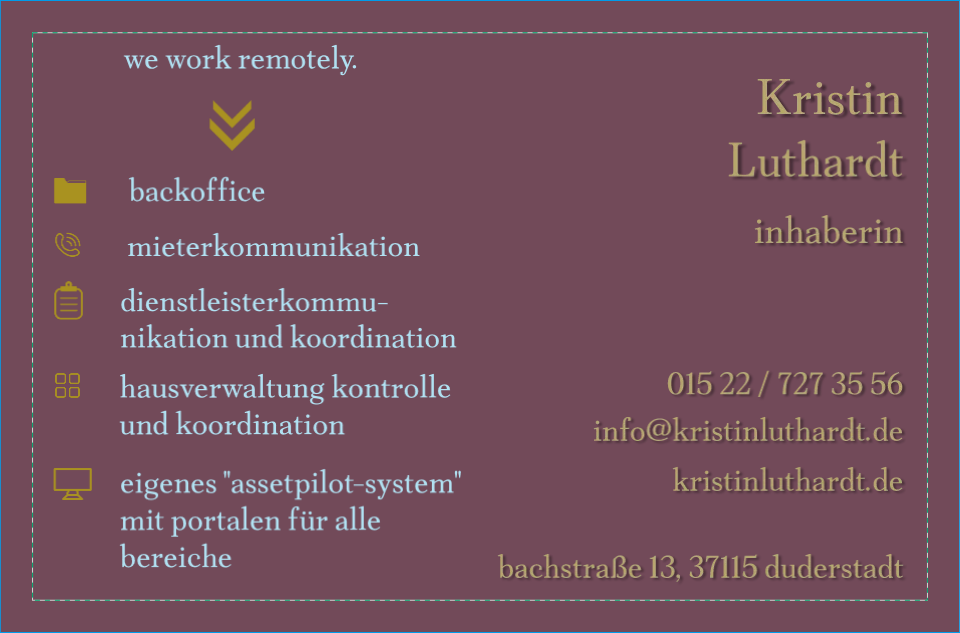 Kontaktseite der Visitenkarte mit Leistungsbereichen
